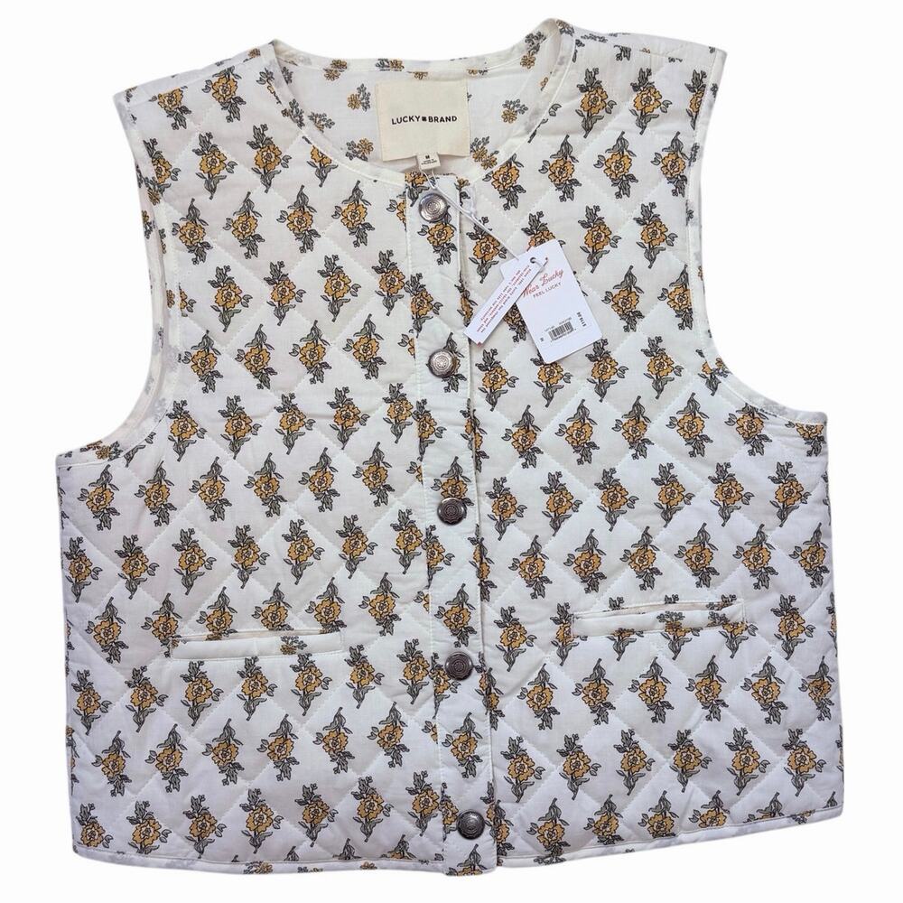 Lucky Brand Floral Quilted Vest Medium NWT Ivory Snap Front Cottagecore Layer